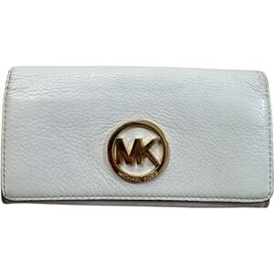Michael Kors White pebble Leather Wallet FultonFlap Snap Closure Gold MK Logo‎